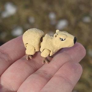 May include: A small, beige, articulated toy capybara with black eyes and a black nose. The toy is posed in a walking position with its legs bent.