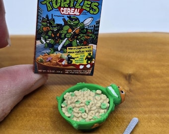Miniature Retro Teenage Mutant Ninja Turtles Cereal Box with TMNT Breakfast Bowl Mini Display for Figures (you pick the color turtle)