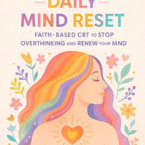 May include: A book cover with the title "15-Minute -DAILY- MIND RESET" in colourful text. The cover features an illustration of a woman with rainbow-coloured hair and a heart design. The text reads "FAITH-BASED CBT TO STOP OVERTHINKING AND RENEW YOUR MND" and "GUIDED WORKBOOK".