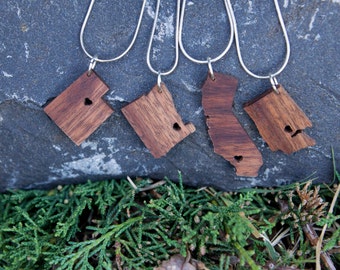 State Necklace in Walnut - Personalize with ANY State and City -  Wood, Heart, Pride, City, State Jewelry, Pendant, Gift, Sterling Silver
