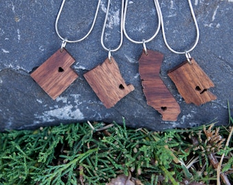 State Necklace in Walnut - Personalize with ANY State and City -  Wood, Heart, Pride, City, State Jewelry, Pendant, Gift, Sterling Silver