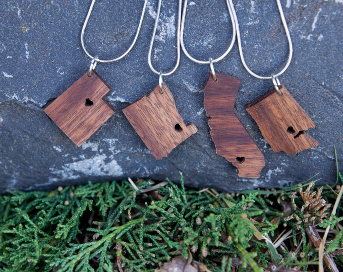 State Necklace in Walnut - Personalize with ANY State and City -  Wood, Heart, Pride, City, State Jewelry, Pendant, Gift, Sterling Silver