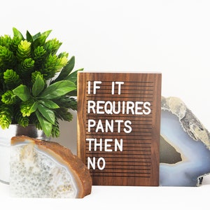 May include: A wooden letter board with the text "If it requires pants then no" in white letters. The board is sitting on a white surface with a green plant in a metal pot and a light blue and brown agate slice.