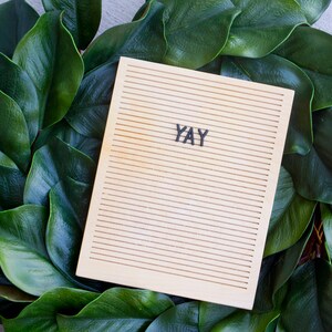 May include: A wooden letter board with the word "YAY" in black letters rests on a bed of large, glossy green leaves. The board has horizontal grooves and a light brown color, creating a natural and inviting aesthetic.