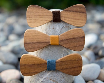 Walnut Wooden Bow Tie - Traditional (3 leather color options)