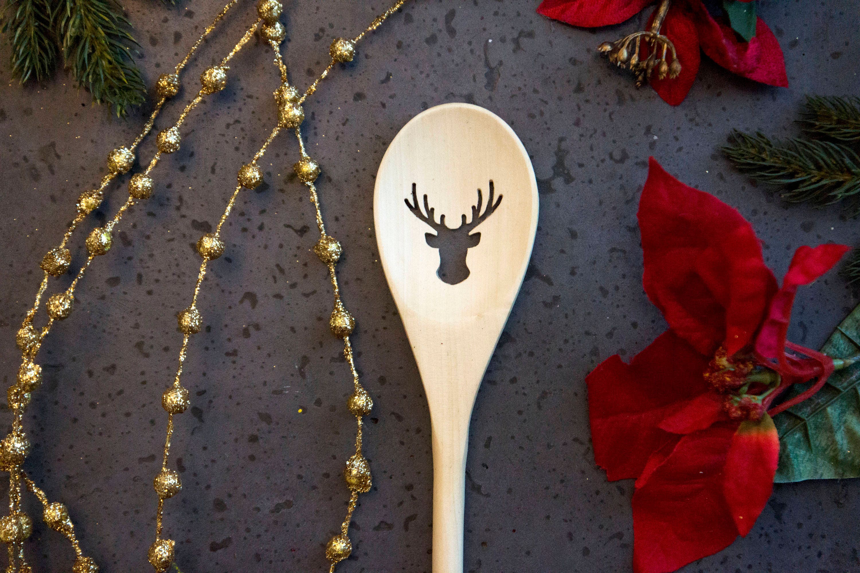 Wood Spoon Christmas Deer Holiday, carved, wooden spoon, kitchen