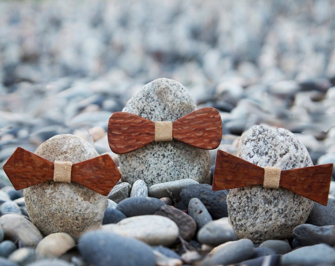 Leopard Wood Bow Tie - Sand color leather accent