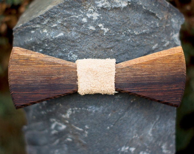 Wood Bow Tie in Wenge- Wooden Bowtie, Sand Color Leather Knot, Handmade Men's Fashion, Handmade Kid's Fashion, Fun Gift, Unique Gift, Style