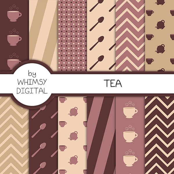 Tea Digital Paper with Teacups, Kettles, Spoons, Chevron, Stripes, and Polka Dots in shades of Purple, Tan, and Cream