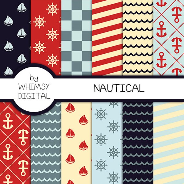 Nautical Digital Paper with Ships, Anchors, Wheels, Waves, Stripes, and Checkers in shades of Red, Teal, Navy, and Cream