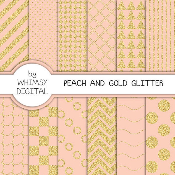 Peach and Gold Glitter Digital Paper with Checkers, Scallops, Chevron, Polka Dots, Waves, Stripes, Circles, and Triangles in Peach and Gold