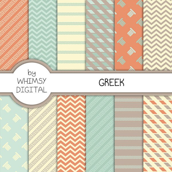 Greek Digital Paper with Greek Key Patterns, Columns, Waves, Chevron, and Broken Stripes in shades of Teal, Coral, White, and Gray