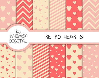 Retro Hearts digitalem Papier mit Vintage Herzen, Chevron und Streifen in den Farben rosa und Creme
