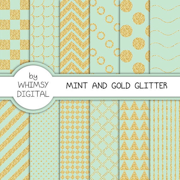 Mint and Gold Glitter Digital Paper with Checkers, Scallops, Chevron, Polka Dots, Waves, Stripes, Circles, and Triangles in Mint and Gold