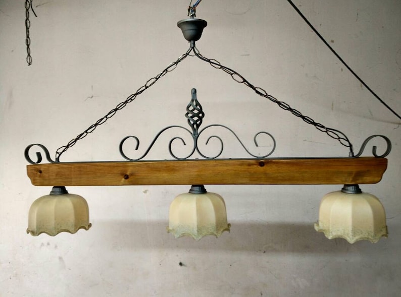 Chandelier In Wrought Iron And Wood Mod Barbell 3 Lights - Wood And Wrought Iron Country Chandelier Chandelier In Wrought Iron And Wood Mod Barbell 3 Lights - Wood And Wrought Iron Country Chandelier