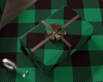 Emballage de Noël à carreaux Buffalo - - Emballage cadeau à carreaux verts - Papier d'emballage noir et vert - 3 options de taille - Expédition rapide en 2 jours