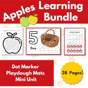 May include: A red background with the text "Apples Learning Bundle." The image shows educational printables, including a dot marker apple activity, the number five with a basket, and an ordering numbers worksheet. The bottom banner reads "Dot Marker Playdough Mats Mini Unit."