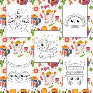 Puede incluir: P&aacute;ginas para colorear en blanco y negro con una variedad de ilustraciones de tem&aacute;tica mexicana, que incluyen un taco, una pi&ntilde;ata, un burro y un carro de comida.