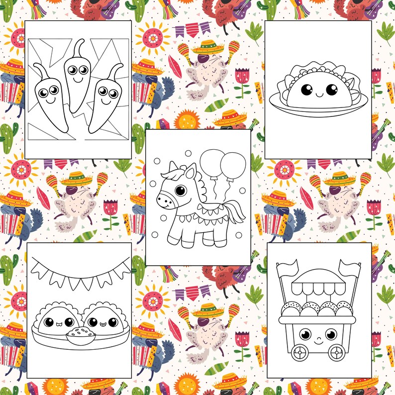 Puede incluir: P&aacute;ginas para colorear en blanco y negro con una variedad de ilustraciones de tem&aacute;tica mexicana, que incluyen un taco, una pi&ntilde;ata, un burro y un carro de comida.