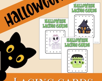Op de afbeelding: Halloween rijgkaarten met een zwarte kat, een spookhuis, een skelet en Frankenstein's monster. De kaarten hebben een witte achtergrond met zwarte gestippelde randen en de woorden "Halloween Lacing Cards". Het woord "Halloween" is in grote zwarte letters geschreven.