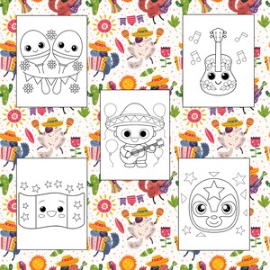 Puede incluir: P&aacute;ginas para colorear en blanco y negro con una variedad de ilustraciones de tem&aacute;tica mexicana, incluyendo maracas, una guitarra, una m&aacute;scara de luchador, una bandera y una persona tocando la guitarra.