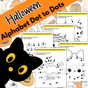Folhas de atividades de ligar os pontos do alfabeto de Halloween - Rastreamento de letras do alfabeto para impressão - Atividade de coordenação motora fina para pré-escola - PDF divertido e assustador de aprendizagem