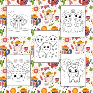 Puede incluir: Un conjunto de seis p&aacute;ginas para colorear en blanco y negro con varios personajes y objetos lindos, incluyendo un cactus, globos, maracas, un cupcake y un burro. Las p&aacute;ginas est&aacute;n dise&ntilde;adas para que los ni&ntilde;os las coloreen.