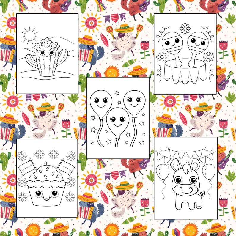 Puede incluir: Un conjunto de seis p&aacute;ginas para colorear en blanco y negro con varios personajes y objetos lindos, incluyendo un cactus, globos, maracas, un cupcake y un burro. Las p&aacute;ginas est&aacute;n dise&ntilde;adas para que los ni&ntilde;os las coloreen.