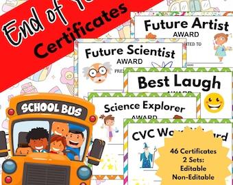 Paquete de certificados de fin de año imprimibles (preescolar a quinto grado): diseños editables y no editables disponibles.