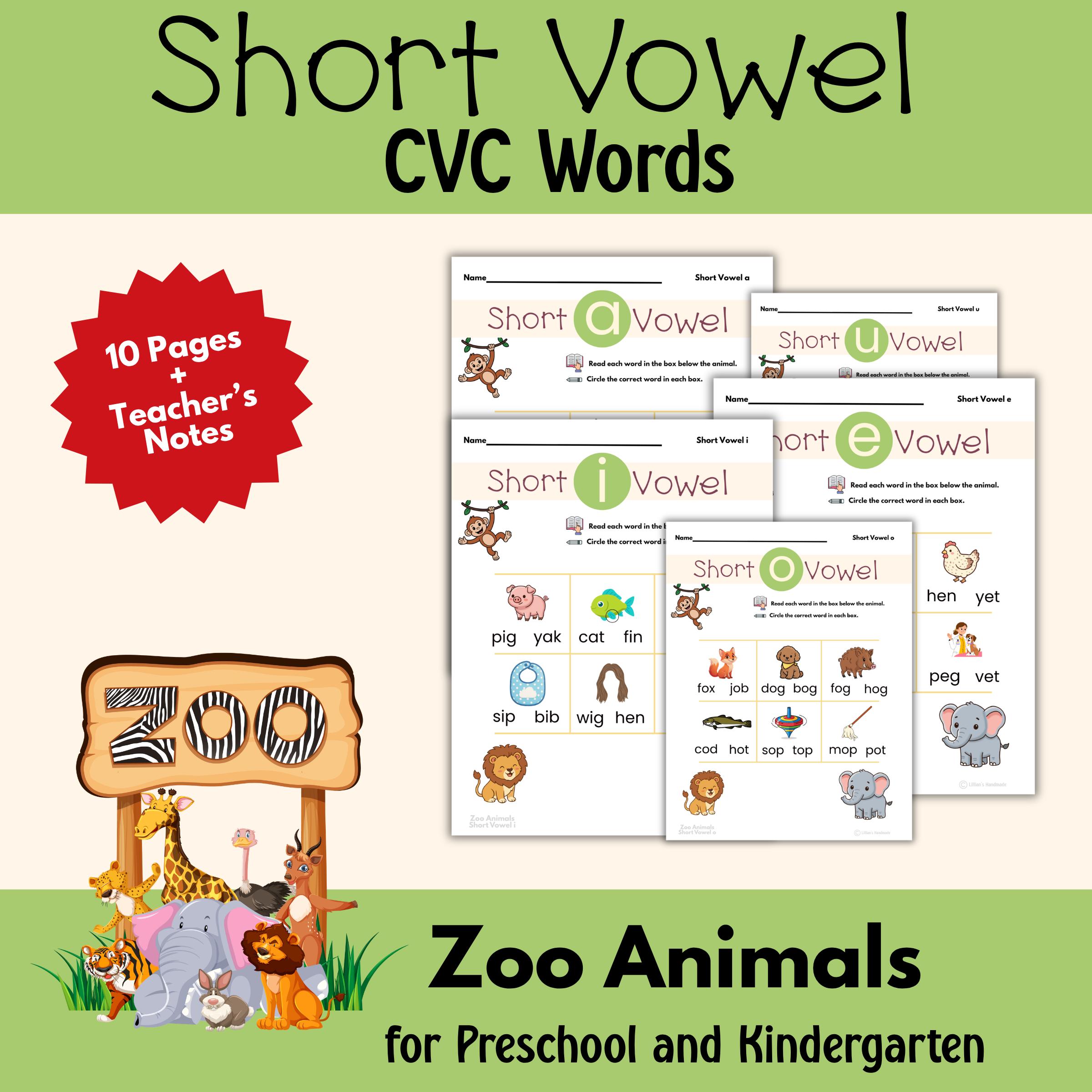 Zoo Animals Short Vowel CVC Words Worksheets for Preschool and ...