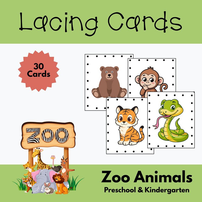 Zoo Animals Lacing Cards for Preschool and Kindergarten - Etsy