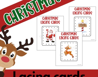 Op de afbeelding: Kerstmis rijgkaarten met afbeeldingen van de Kerstman, een rendier en een Noordpoolbord. De witte kaarten hebben zwarte gestippelde randen. De woorden "Christmas" en "Lacing Cards" zijn in groen en rood.