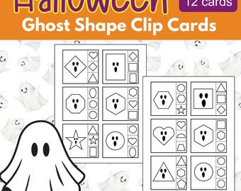 May include: Halloween-themed educational cards featuring ghost shapes and various geometric shapes. The cards are designed for clip card activities, with the text "Ghost Shape Clip Cards" and "12 cards" displayed.