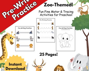 Könnte beinhalten: Ein farbenfrohes Lernblatt mit Zootieren und Vorschreibübungen für Kinder im Vorschulalter. Das Bild enthält den Text "Pre-Writing Practice", "Zoo-Themed!", "Fun Fine Motor & Tracing Activities for Preschool", "25 Pages!" und "Instant Download".