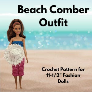 Beach Comber Fashion Doll Outfit Crochet Pattern – Sun Hat, Bandeau Top & Capris – Fits Belly Button and Classic Style – PDF Download