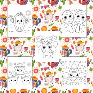 Puede incluir: P&aacute;ginas para colorear en blanco y negro con un cactus, un burro, maracas, cupcakes y un sombrero. Las im&aacute;genes est&aacute;n sobre un fondo de flores, banderas y otras decoraciones festivas.