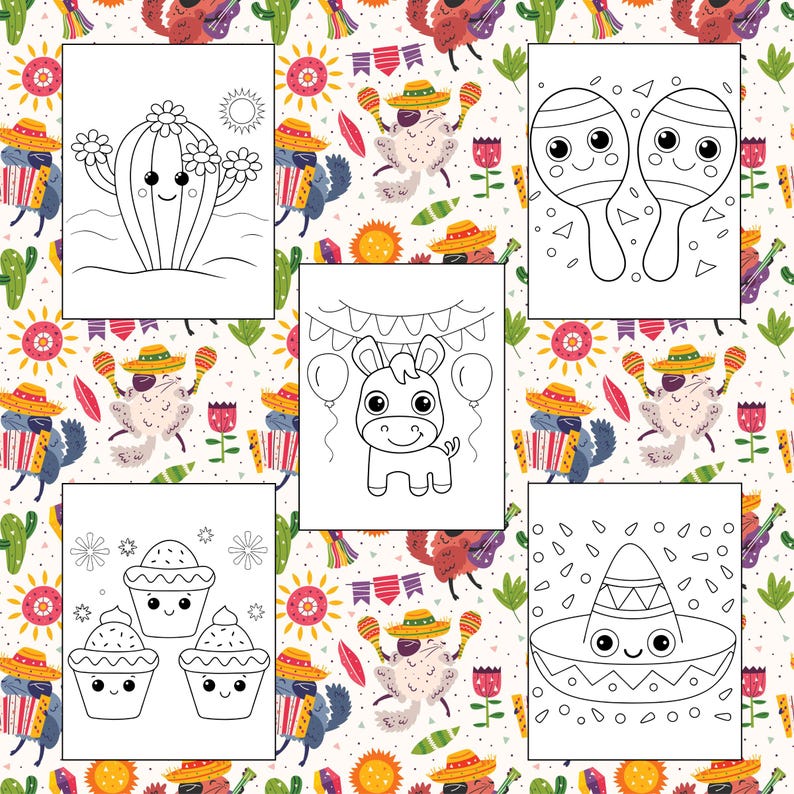 Puede incluir: P&aacute;ginas para colorear en blanco y negro con un cactus, un burro, maracas, cupcakes y un sombrero. Las im&aacute;genes est&aacute;n sobre un fondo de flores, banderas y otras decoraciones festivas.