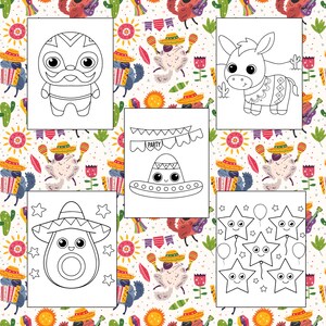 Puede incluir: P&aacute;ginas para colorear en blanco y negro con un luchador, un burro, un sombrero, un aguacate y estrellas. Las p&aacute;ginas est&aacute;n rodeadas de un patr&oacute;n colorido de flores, cactus y maracas.
