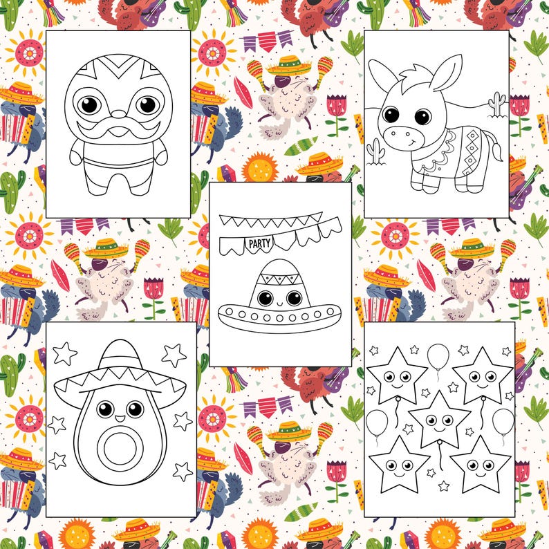 Puede incluir: P&aacute;ginas para colorear en blanco y negro con un luchador, un burro, un sombrero, un aguacate y estrellas. Las p&aacute;ginas est&aacute;n rodeadas de un patr&oacute;n colorido de flores, cactus y maracas.