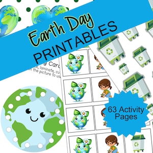 Könnte beinhalten: Ein Satz druckbarer Erdtag-Aktivitäten für Kinder. Das Set enthält 63 Seiten mit Aktivitäten wie Malvorlagen, Punkt-zu-Punkt-Rätseln und Zuordnungsspielen. Die Aktivitäten zeigen eine Comic-Erde mit einem lächelnden Gesicht und einer grünen Schleife.