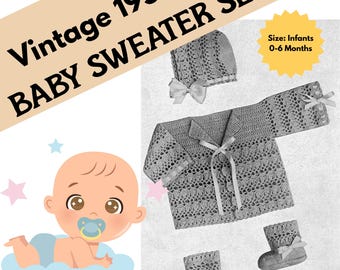 Vintage 1950s Baby Crochet Pattern - Sweater, Bonnet, and Booties - Newborn to 6 Months