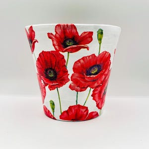 May include: White ceramic flower pot with a red poppy floral design.