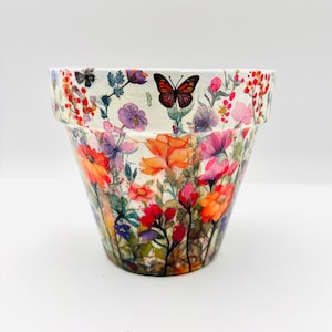 Vaso de argila para plantas com design floral de flores silvestres e borboletas para ambientes internos de 5,9 polegadas