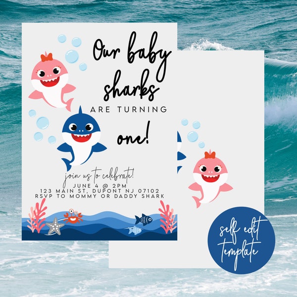 Twin Baby Shark Birthday Invitation // Twin Boy Girl Baby Shark Invitation // Cute Baby Shark Invitation // Cute Twin Baby Shark Invite