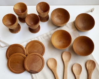 Montessori Waldorf Wooden Pretend Play Dish Set | Kitchen Tools | Bowls Cups Plates Spoons