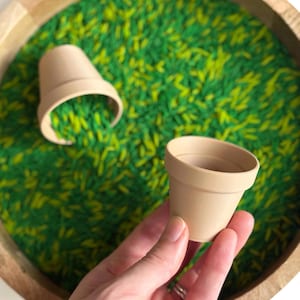 May include: Two small, beige terracotta flower pots sit in a wooden bowl filled with green and yellow dyed rice. One pot is upright, the other is on its side. The scene evokes a sensory play activity.