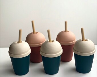 Pretend Play Kitchen Wooden Coffee Cup with Straw | Montessori | Two Tone