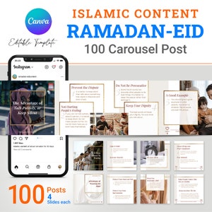 100 contenidos islámicos de Ramadán-Eid listos para usar - Carrusel de publicaciones de Instagram