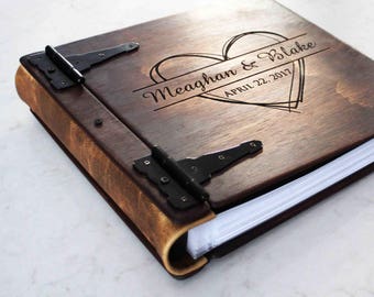 Large Personalized Rustic Wood Photo Album w/ Leather Spine, Custom Wood Wedding Album, Art Portfolio, Wood Book W/ Personalized Engraving