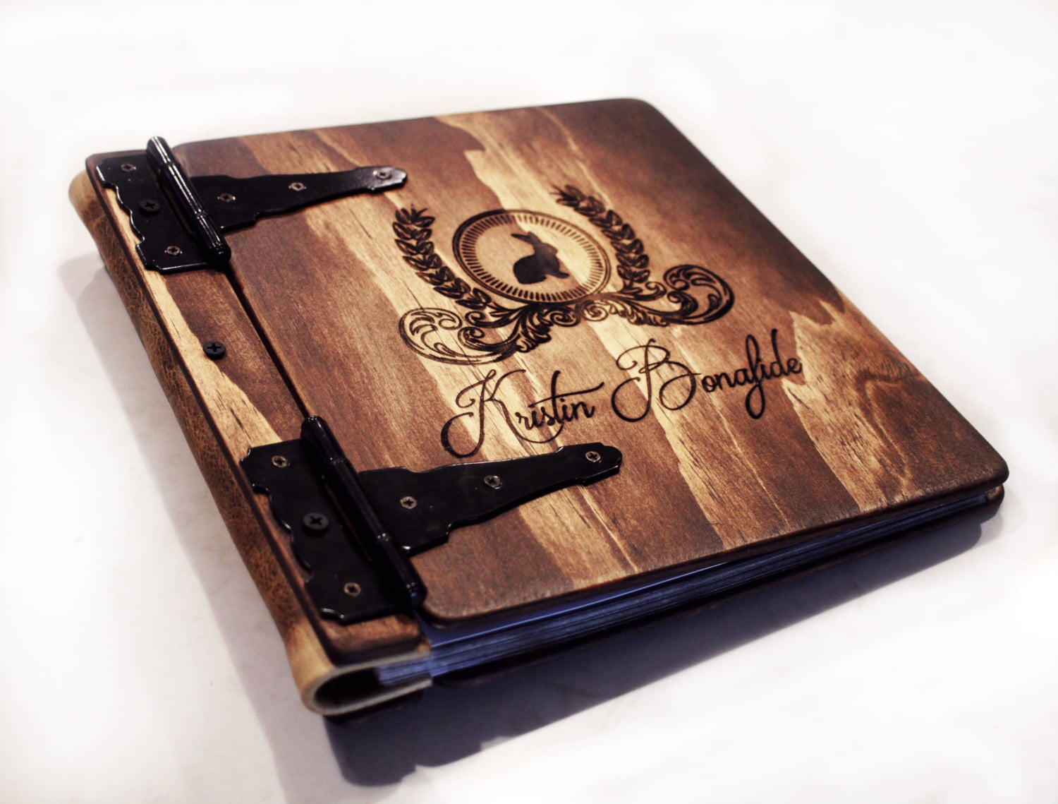 Monogram Photo Album Wood Leather Artist Portfolio - 